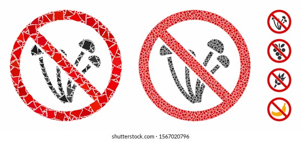 No mushrooms mosaic of trembly pieces in variable sizes and color tones, based on no mushrooms icon. Vector raggy elements are grouped into mosaic. No mushrooms icons collage with dotted pattern.