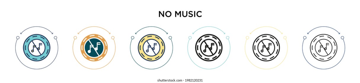 No music icon in filled, thin line, outline and stroke style. Vector illustration of two colored and black no music vector icons designs can be used for mobile, ui, web