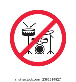 No music icon. Forbidden drums icon. Prohibited drums vector icon. Warning, caution, attention, restriction, danger flat sign design symbol pictogram