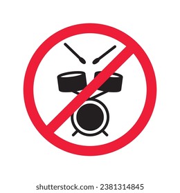 No music icon. Forbidden drums icon. Prohibited drums vector icon. Warning, caution, attention, restriction, danger flat sign design symbol pictogram