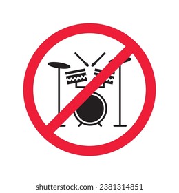 No music icon. Forbidden drums icon. Prohibited drums vector icon. Warning, caution, attention, restriction, danger flat sign design symbol pictogram
