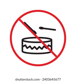 No music icon. Forbidden drums icon. Prohibited drums vector icon. Warning, caution, attention, restriction, danger flat sign design symbol pictogram