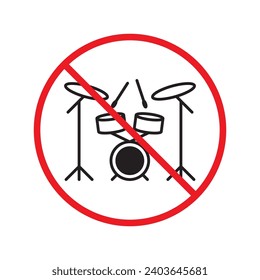 No music icon. Forbidden drums icon. Prohibited drums vector icon. Warning, caution, attention, restriction, danger flat sign design symbol pictogram