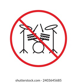 No music icon. Forbidden drums icon. Prohibited drums vector icon. Warning, caution, attention, restriction, danger flat sign design symbol pictogram