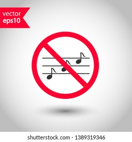 No music icon. Forbidden noise icon. No sound vector sign. Prohibited loud vector icon. Warning, caution, attention, restriction, danger flat sign design. Silence vector icon pictogram