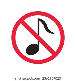 No music icon. Forbidden noise icon. No sound vector sign. Prohibited loud vector icon. Warning, caution, attention, restriction, danger flat sign design. Silence vector icon pictogram