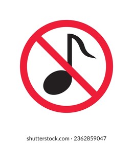 No music icon. Forbidden noise icon. No sound vector sign. Prohibited loud vector icon. Warning, caution, attention, restriction, danger flat sign design. Silence vector icon pictogram