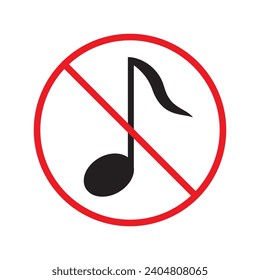 No music icon. Forbidden noise icon. No sound vector sign. Prohibited loud vector icon. Warning, caution, attention, restriction, danger flat sign design. Silence vector icon pictogram