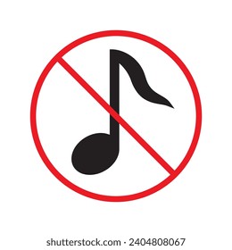 No music icon. Forbidden noise icon. No sound vector sign. Prohibited loud vector icon. Warning, caution, attention, restriction, danger flat sign design. Silence vector icon pictogram