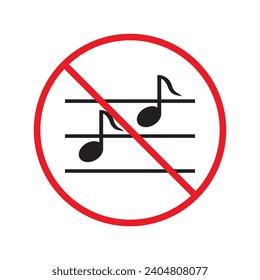 No music icon. Forbidden noise icon. No sound vector sign. Prohibited loud vector icon. Warning, caution, attention, restriction, danger flat sign design. Silence vector icon pictogram