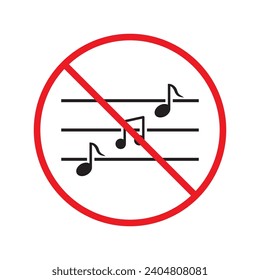 No music icon. Forbidden noise icon. No sound vector sign. Prohibited loud vector icon. Warning, caution, attention, restriction, danger flat sign design. Silence vector icon pictogram