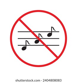 No music icon. Forbidden noise icon. No sound vector sign. Prohibited loud vector icon. Warning, caution, attention, restriction, danger flat sign design. Silence vector icon pictogram