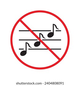 No music icon. Forbidden noise icon. No sound vector sign. Prohibited loud vector icon. Warning, caution, attention, restriction, danger flat sign design. Silence vector icon pictogram