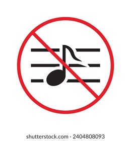 No music icon. Forbidden noise icon. No sound vector sign. Prohibited loud vector icon. Warning, caution, attention, restriction, danger flat sign design. Silence vector icon pictogram