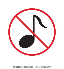 No music icon. Forbidden noise icon. No sound vector sign. Prohibited loud vector icon. Warning, caution, attention, restriction, danger flat sign design. Silence vector icon pictogram