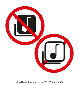 No music icons. Red circle. Vector prohibition symbols. Silence required.