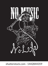 no music no life slogan with skeleton on headphone illustration