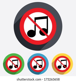 No Music note sign icon. Musical symbol. Keep quiet. Red circle prohibition sign. Stop flat symbol. Vector
