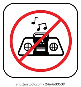 No music or radio audio sign icon illustration with red circle cross isolated on square white background. Simple flat cartoon styled drawing for poster prints or social media graphic design elements.