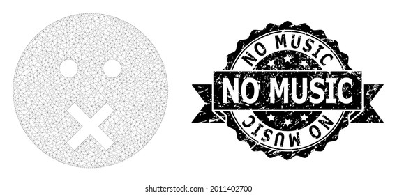 No Music rubber stamp seal and vector silence smiley mesh model. Black seal has No Music tag inside ribbon and rosette. Abstract flat mesh silence smiley, designed with flat mesh.