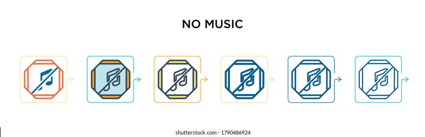 No music vector icon in 6 different modern styles. Black, two colored no music icons designed in filled, outline, line and stroke style. Vector illustration can be used for web, mobile, ui