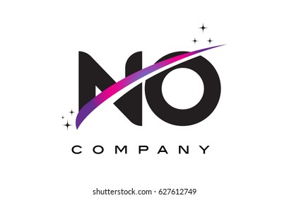 NO N O Black Letter Logo Design with Purple Magenta Swoosh and Stars.