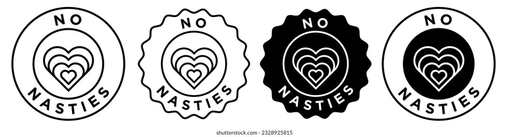 No nasties icon set vector collection. Sign symbol of fair cotton fabric sustainable life style certified clothing quality stamp seal style badge emblem in round circle sticker. Organic cloth material