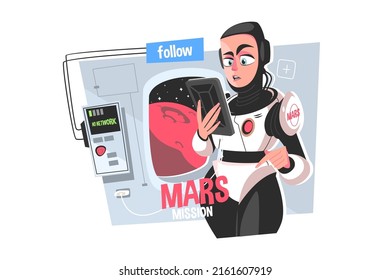 No Network Connection In Space Vector Illustration. Astronaut Girl Flying To Mars. Problem Of Bad Connection In Cosmos. Woman Trying Unsuccessfully Charging Smartphone