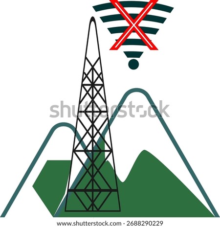 No Network in Mountainous Areas: Towers transmitting signals with red crosses, indicating a lost connection.