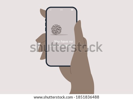 No new messages concept, a hand holding a smartphone, a social media addiction