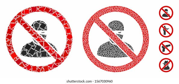 No ninja composition of trembly items in different sizes and color tinges, based on no ninja icon. Vector raggy items are organized into collage. No ninja icons collage with dotted pattern.