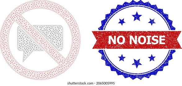No Noise corroded seal print, and forbidden opinion icon triangular model. Red and blue bicolor stamp seal includes No Noise title inside ribbon and rosette. Abstract flat mesh forbidden opinion,