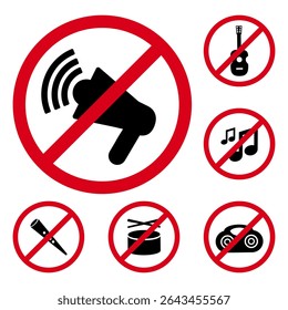 No Noise Sign Set. Silence Prohibited Icon. Quiet Zone Symbol.