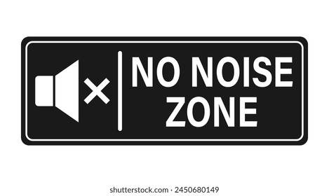 No noise zone, notice and information sign to hang on the door or wall, with symbol and text on black background. Horizontal shape.