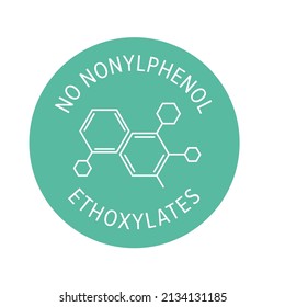 No nonylphenol ethoxylates sticker for cosmetic. Chemical ingredient free insignia label for product package, vector illustration. Isolated on white color round tag with text, molecule structure icon