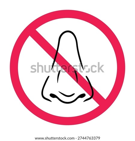 No nose sign, forbidden sign with nose icon, no smelling allowed symbol, forbidden sniffing icon, no inhaling sign, breathing restriction sign, vector illustration