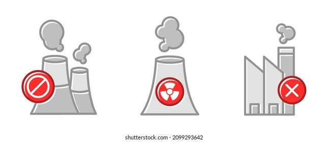 No nuclear power plant icon set, radioactive energy reactor station, stop radiation concept, global pollution problem, isolated on white background.