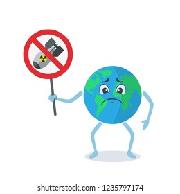 No nuclear war banner. Flat Sad Earth Planet Character. Prohibition atomic weapons. Vector illustration.