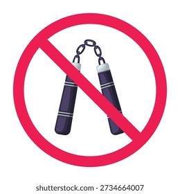No nunchaku sign, do not carry weapon symbol, forbidden sign with nunchaku icon, do not use nunchaku symbol, no weapon sign, vector illustration
