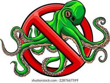 No Octopus Symbol Isolated on White Background. Underwater Animal Vector Illustration Prohibition Stop Sign.