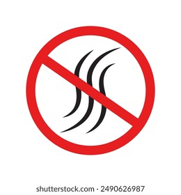 No odor symbol. Red prohibition sign. Black odor lines. Vector illustration.