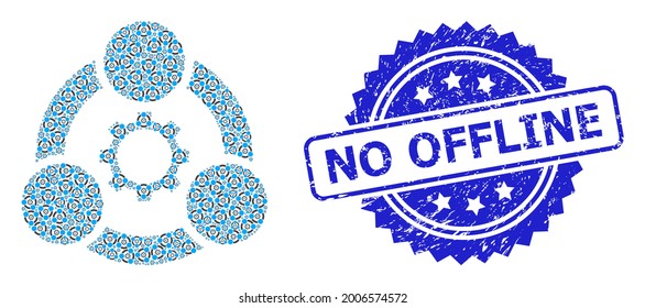 No Offline dirty seal imitation and vector recursive collage industrial collaboration. Blue seal contains No Offline tag inside rosette.