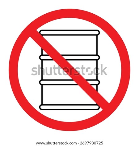 No oil barrel vector icon. Industrial drum silhouette crossed with red prohibition circle. Hazardous material or fuel storage restriction sign.