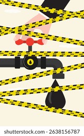 No oil and gas. Forbidden signs. Oil drop and pipe with tap warning tapes. Economic and trade wars. Ban on import and export oil, gas. Sanctions or restrictions. Commodities market crisis. flat vector
