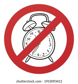 Ningún símbolo de reloj antiguo aislado en fondo blanco. Signo de detención de la prohibición de la ilustración del vector de tiempo.