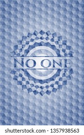 No one blue emblem or badge with geometric pattern background.