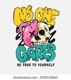 no one cares graffitti art style slogan with cartoon bear doll skull vector illustration