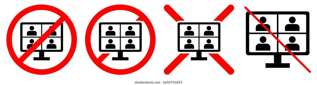 Nenhum vetor de sinal de reunião on-line, indicando uma proibição de reuniões virtuais ou exigindo foco longe de chamadas digitais. Ideal para zonas tranquilas, períodos de trabalho profundos ou áreas de conectividade limitadas.