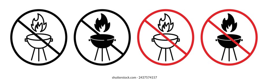 No Open Fire Barbecue Line Icon Set. Grilling Ban icon in outline and solid flat style.