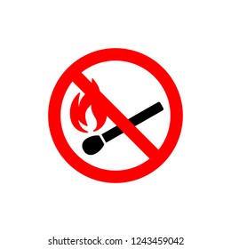 No open fire burning symbol. Black matchstick with red flame in red crossed circle. Forbidden sign with burning matchstick. Prohibition sign. 
